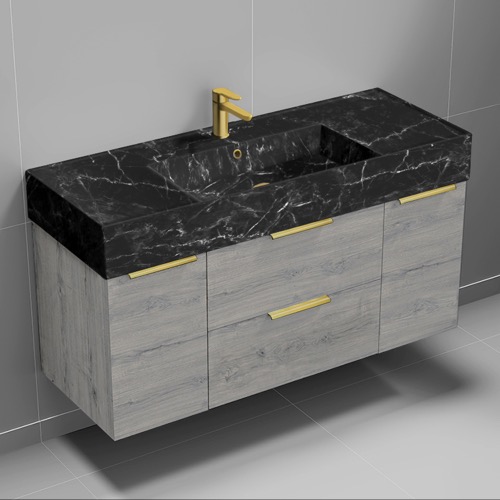 Bathroom Vanity Floating Bathroom Vanity, Modern, 48 Inch, Black Marble Style Sink, Gold Handles Nameeks DERIN982